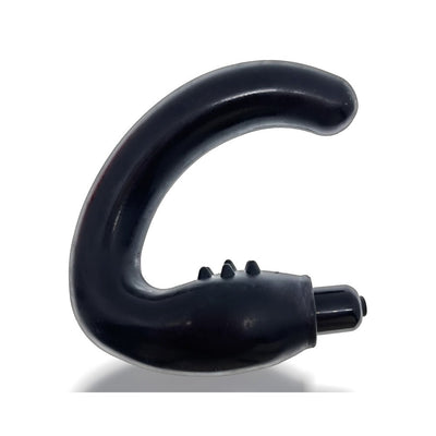 Black curved prostate massager with textured base and removable bullet vibrator on white background.