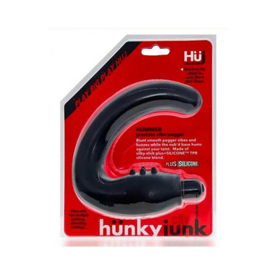 Hunkyjunk Hummer Vibe Prostate Pegger in black silicone blend with nubby texture, displayed in red and clear retail packaging.