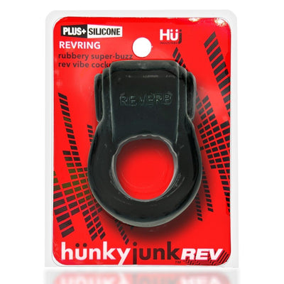 Black rubbery cockring with bullet vibrator in red and black Hunkyjunk packaging labeled Revring Plus+ Silicone blend.