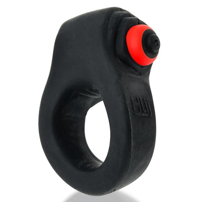 Black stretchy cockring with integrated red bullet vibrator, designed for comfort and targeted stimulation.