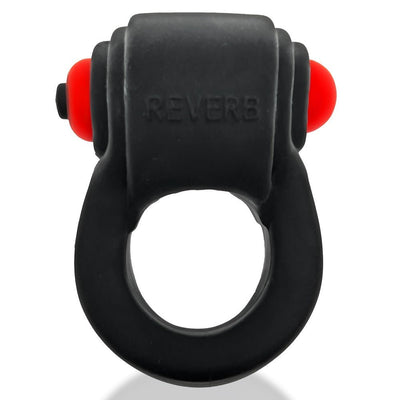 Black stretchy cockring with integrated red bullet vibrator and embossed REVERB logo on top
