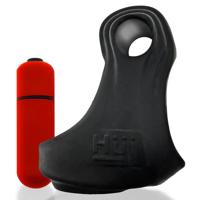 Black silicone cock and ball sling with embossed logo and a separate red bullet vibrator.