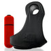 Black silicone cock and ball sling with embossed logo and a separate red bullet vibrator.