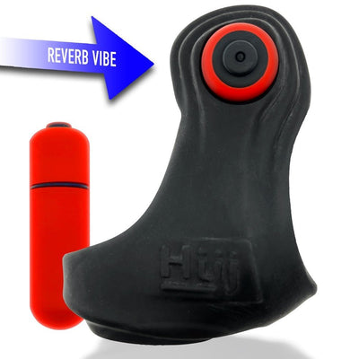 Black Hunkyjunk Revsling cock and ball sling with red bullet vibrator and blue arrow pointing to vibe button.