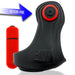 Black Hunkyjunk Revsling cock and ball sling with red bullet vibrator and blue arrow pointing to vibe button.