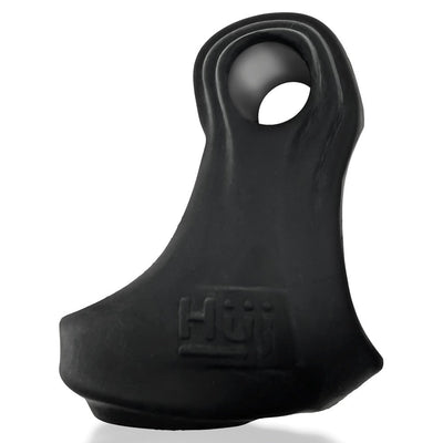 Black Hunkyjunk Revsling cock and ball sling with integrated bullet vibrator and embossed logo detail.