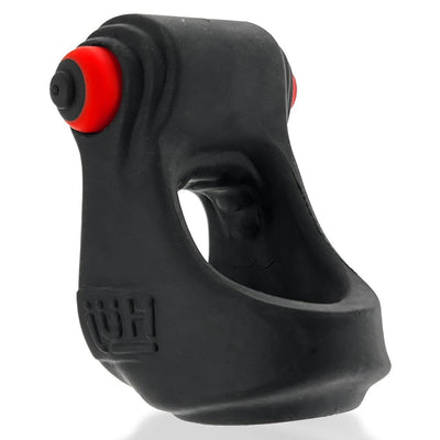 Black Hunkyjunk Revsling cock and ball sling with red bullet vibrator, made from soft Plus+SILICONE blend rubbery material.