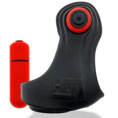 Black rubbery cock and ball sling with a red bullet vibrator attachment, designed for comfortable wear and vibration stimulation.