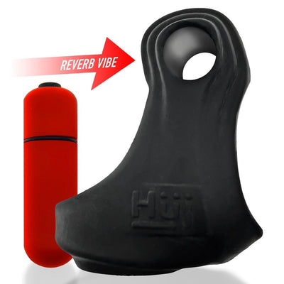 Black Hunkyjunk Revsling cock and ball sling with removable red bullet vibrator shown separately with vibe direction arrow.
