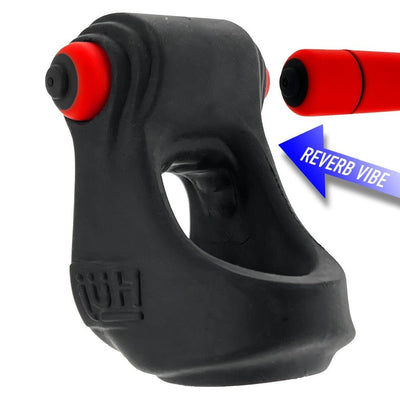 Black plus silicone cock and ball sling with red bullet vibrator attachment shown separately with blue arrow label.