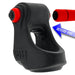 Black plus silicone cock and ball sling with red bullet vibrator attachment shown separately with blue arrow label.