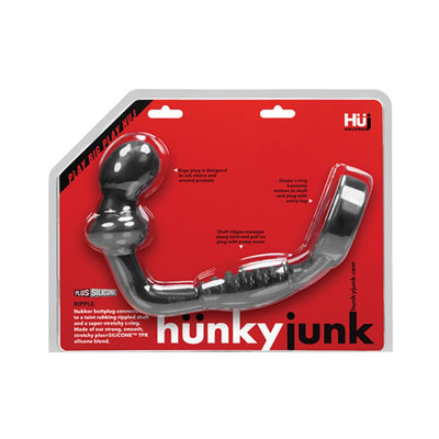 Hunkyjunk RIPPLE asslock in black, featuring a rippled shaft and ergonomic plug with attached stretchy cockring in retail packaging.
