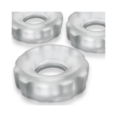 Three clear ice textured stretchy cockrings with a matte finish arranged on a white background.