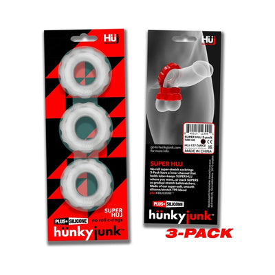 Hunkyjunk Superhuj 3-pack clear ice cockrings in red and black packaging with product details and usage illustration.