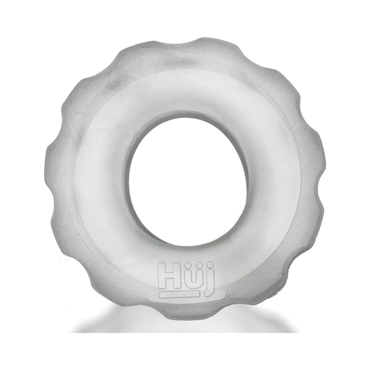 Clear ice textured stretchy cockring with subtle ridged edges and Hüj logo embossed on front