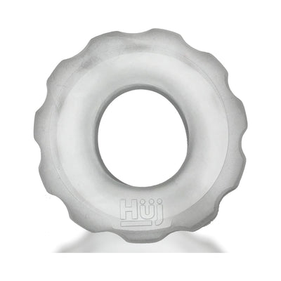 Clear ice textured stretchy cockring with subtle ridged edges and Hüj logo embossed on front