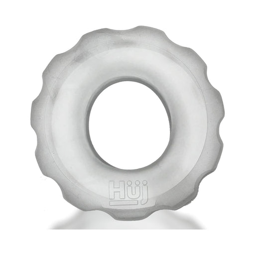 Clear ice textured stretchy cockring with subtle ridged edges and Hüj logo embossed on front