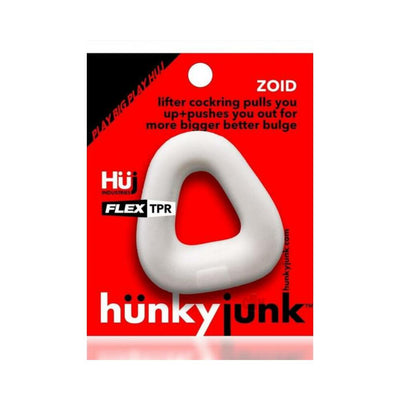 Hunkyjunk Zoid trapezoid-shaped white lifter cockring on red packaging with black and white text