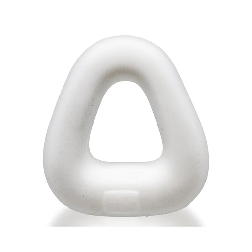 White trapezoid-shaped flexible cockring with a smooth matte finish, designed for comfortable lift and support.