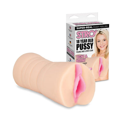 Beige Hustler Barely Legal Pussy Masturbator with pink realistic lips and product packaging featuring a smiling woman.