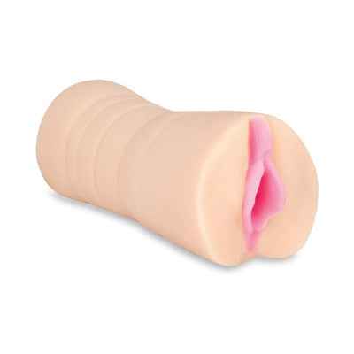 Beige Hustler Barely Legal Pussy Masturbator with realistic pink lips and textured interior on white background.