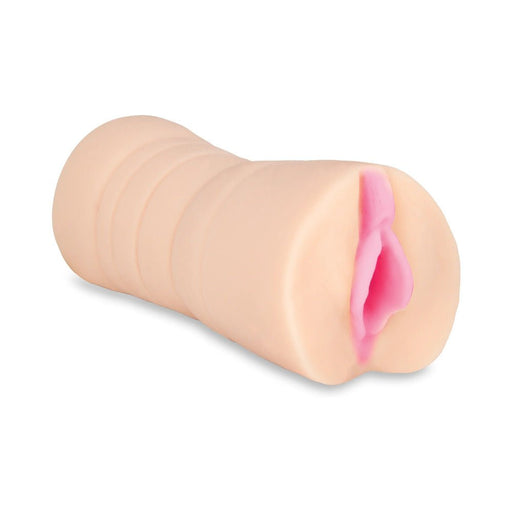 Beige Hustler Barely Legal Pussy Masturbator with realistic pink lips and textured interior on white background.