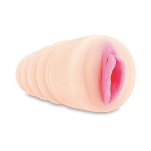 Compact realistic stroker with soft, lifelike texture and ribbed exterior for enhanced grip and sensation.