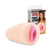 Realistic flesh-toned stroker with pink textured opening and product packaging featuring a smiling woman.