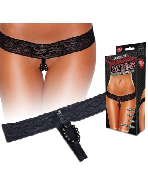 Hustler Crotchless Stimulating Thong With Pearl Pleasure Beads Black S/M | SexToy.com