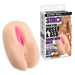 Dual-entry realistic stroker toy with lifelike texture and packaging featuring a blonde model.