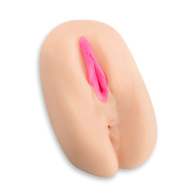 Realistic dual-entry adult stroker with detailed vaginal and anal openings in soft skin tone material.