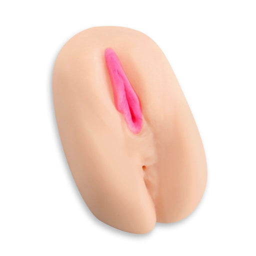 Realistic dual-entry adult stroker with detailed vaginal and anal openings in soft skin tone material.