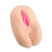 Realistic dual-entry adult stroker with detailed vaginal and anal openings in soft skin tone material.