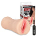 Hustler Vibrating Pussy stroker with lifelike textured opening and included black vibrating bullet next to product packaging.