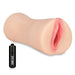 Realistic flesh-toned stroker with pink lips and included black vibrating bullet for enhanced pleasure.