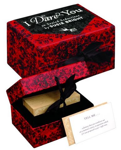 Red and black decorative box with a black ribbon, containing 30 sealed seduction challenge envelopes inside.