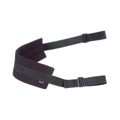 Black padded adjustable doggie style strap harness with secure buckles for enhanced comfort and support.