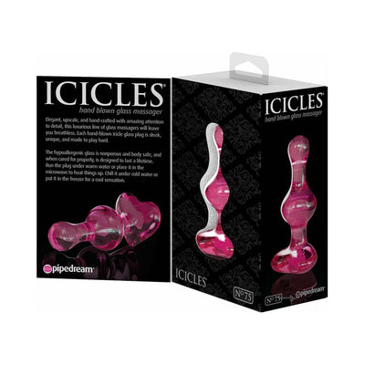Packaging of Icicles #75 hand-blown pink glass massager with elegant design and product details on black background.
