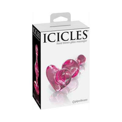 Packaging of Icicles #75 hand-blown pink glass massager with heart-shaped base and smooth rounded design.