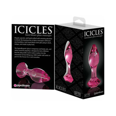 Icicles #79 hand-blown pink glass massager with faceted base shown on elegant black packaging.