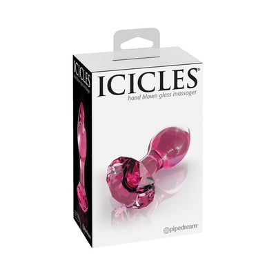 Packaging box of Icicles #79 hand-blown pink glass massager with faceted jewel base shown on front and side.