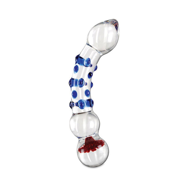 Clear hand-blown glass massager with blue textured dots and red detail inside the rounded base.