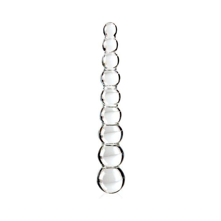 Clear glass dildo with graduated beaded design, 8.5 inches long, smooth and hand-blown for elegant use.