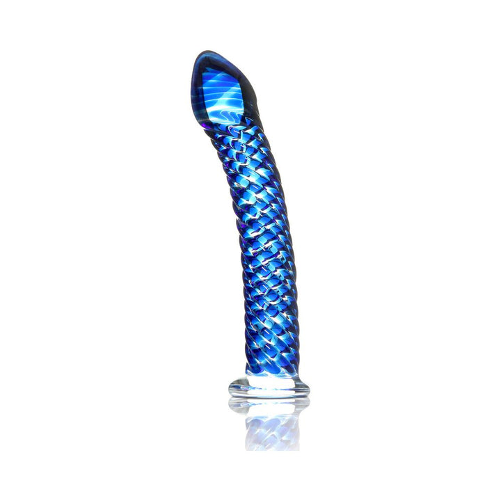 Blue textured hand-blown glass dildo with a curved tip and a clear base on a white background.