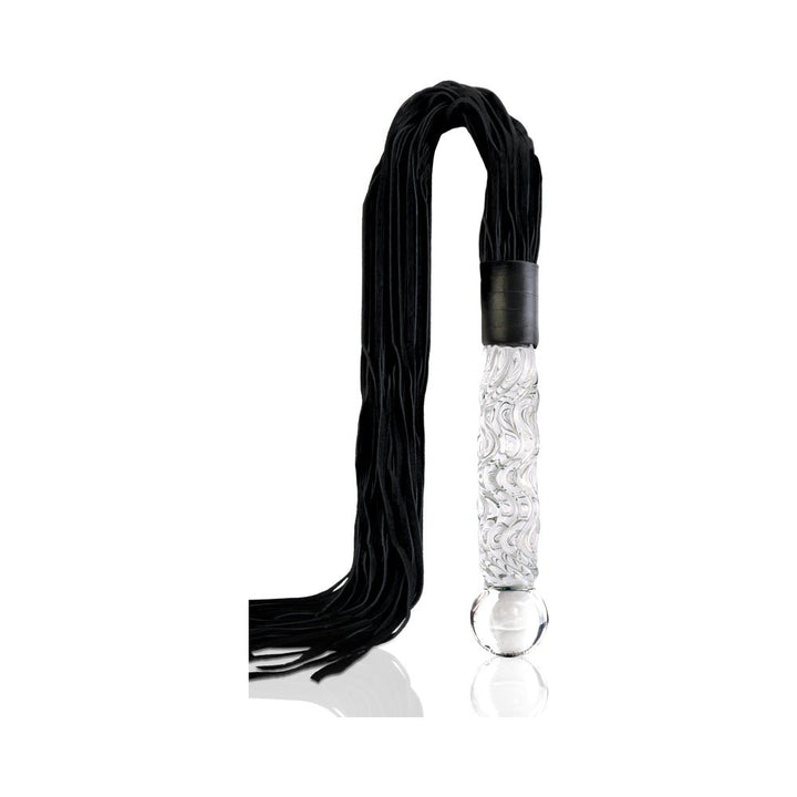 Icicles No 38 flogger with textured clear glass handle and multiple soft black leather tails on white background.