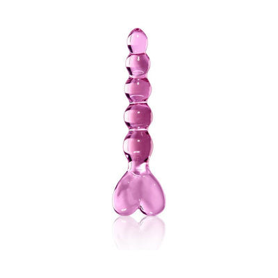Pink hand-crafted glass massager with beaded shaft and heart-shaped base on white background.