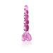 Pink hand-crafted glass massager with beaded shaft and heart-shaped base on white background.