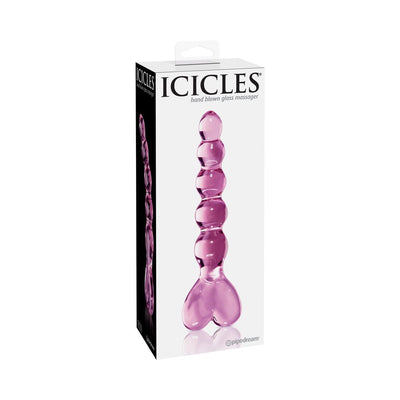 Packaging of Icicles No 43 pink hand-blown glass beaded massager with heart-shaped handle.