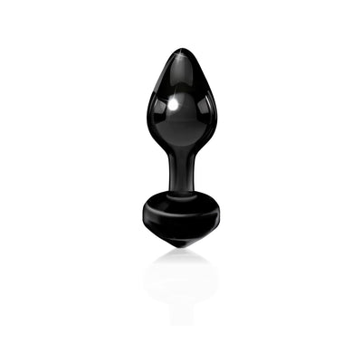 Sleek black glass butt plug with tapered tip and ergonomic base, designed for comfort and safe use.