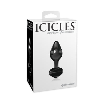 Packaging box of Icicles No. 44 black hand-blown glass butt plug with product image and branding.